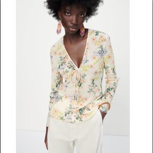 COPY - NWT Zara cream/multicolor long sleeve floral print semi-sheer top